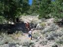 Runners negotiating a steep scree chute