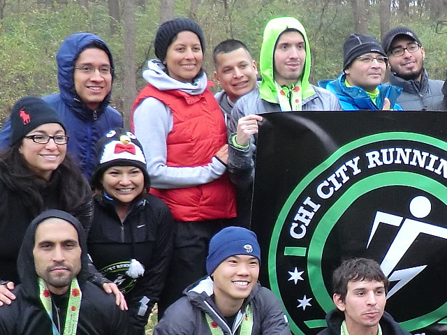 A triumphant photo-op for Chi City Running Club at Paleozoic Trail Runs - Carboniferous Fall!