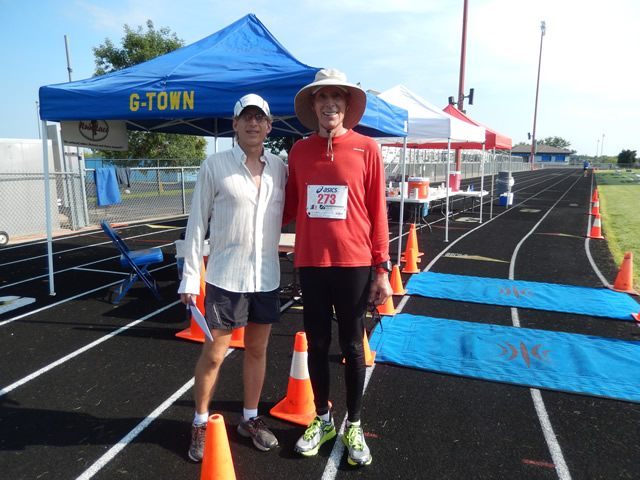 RD, Robert Wehner congratulates Jim Simpson after his Distance Division Marathon!
