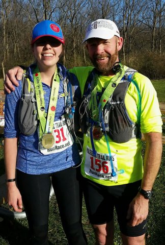 50-Km Runners... Amy Marek of Oak Park and Jim Webb Jr of St. Charles celebrate their finish!